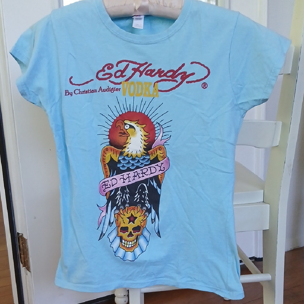 Ed Hardy Light Blue Tee with Eagle and Skull Design